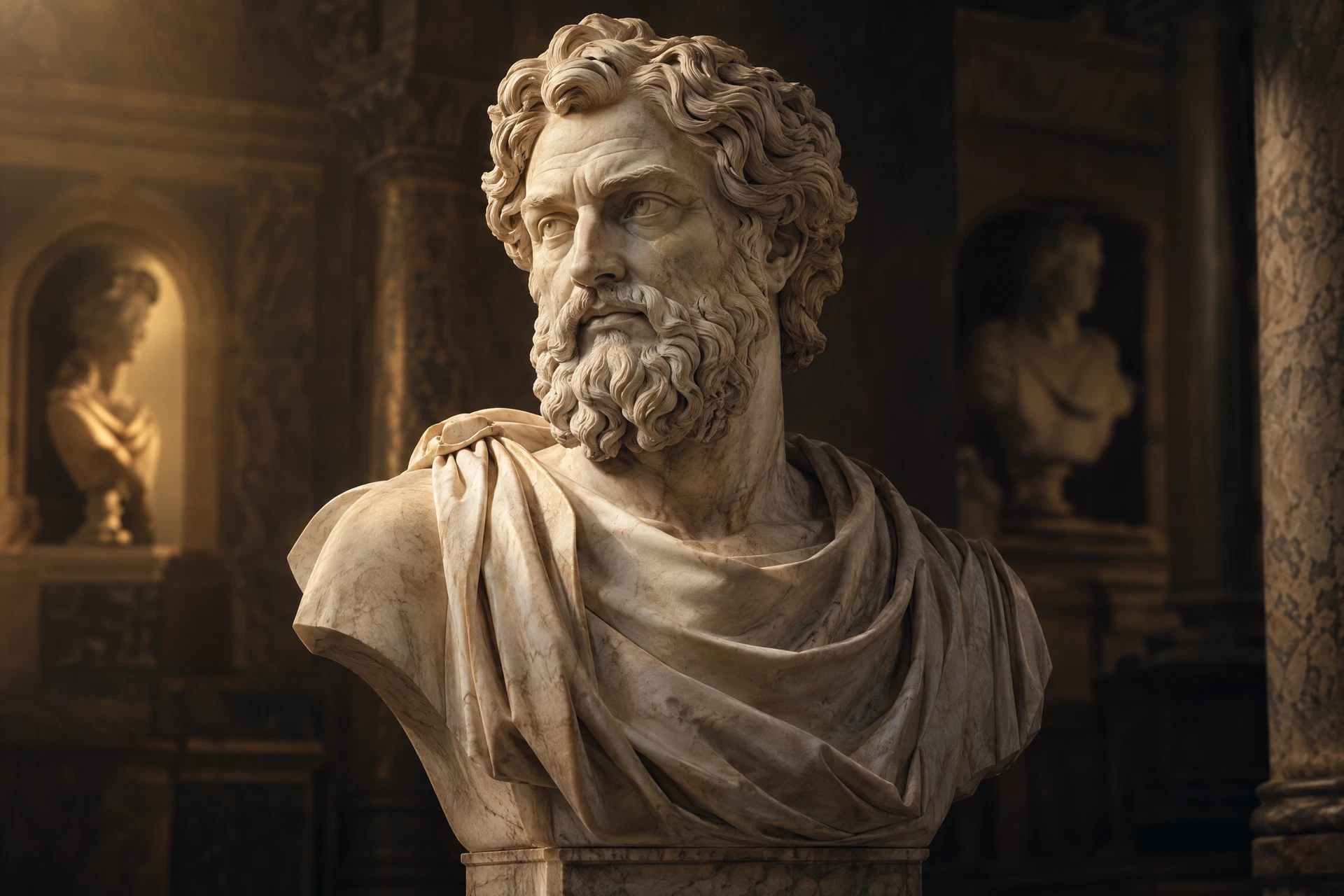 Imagined marble philosopher bust with carefully carved curls
